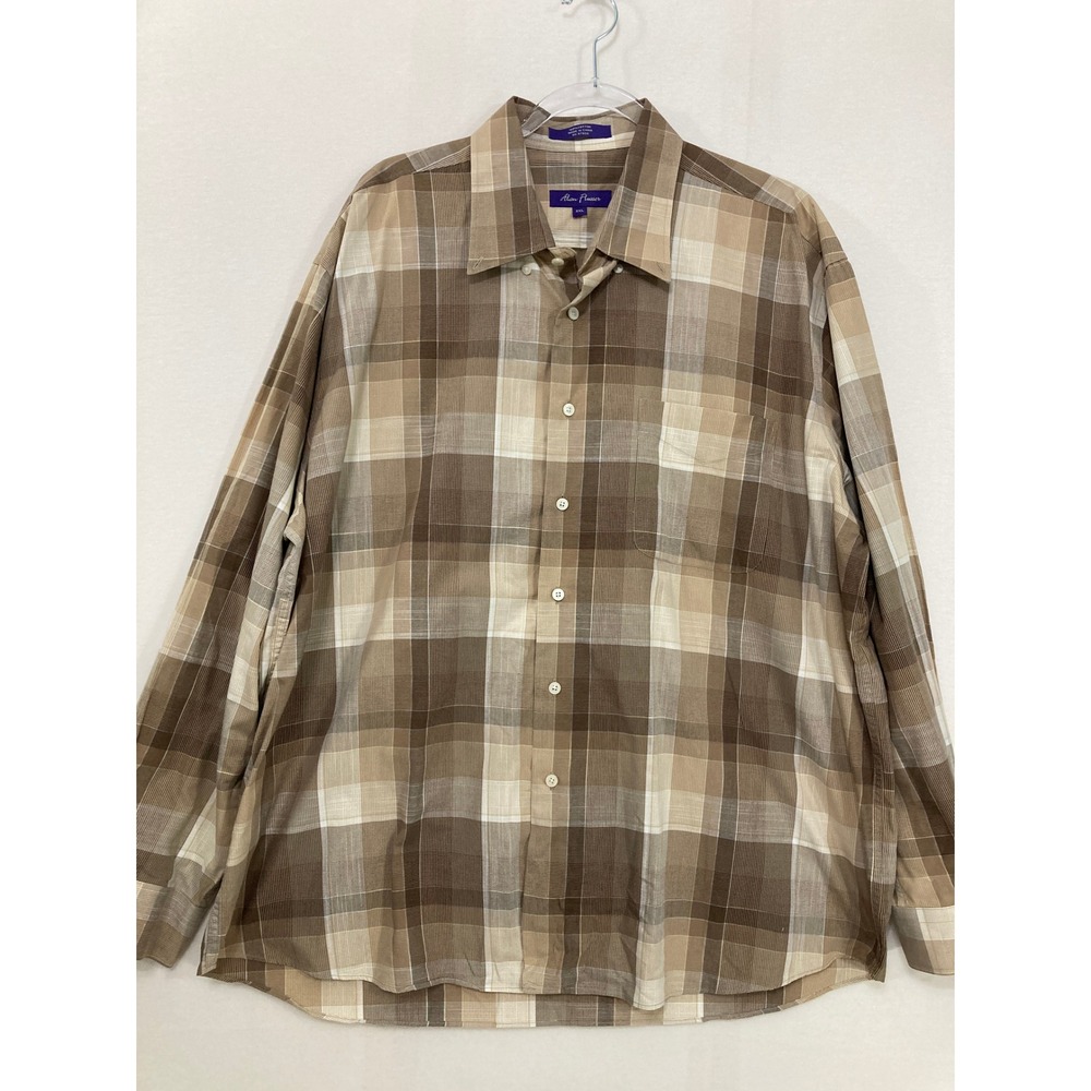 Alan Flusser Button Down Shirt XXL Brown Plaid Long Sleeve Cotton Relaxed